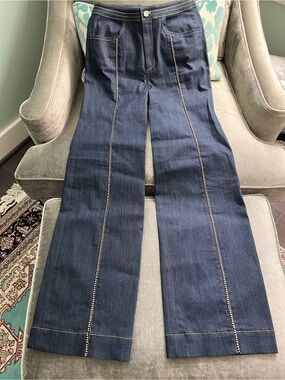 Cinq a Sept Rosalind Embellished Crystal Trim Wide Leg Jeans Size 8